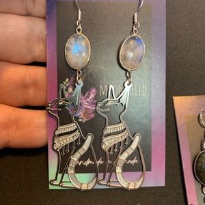 Crystal Bast Earrings - Egyptian Bastet Labradorite Jewelry - egypt moonstone